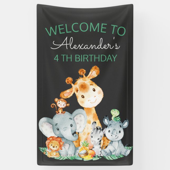 Chalkboard Watercolor Niedlich Safari Tiere Geburt Banner (Vertikal)