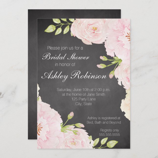 Chalkboard Watercolor-Rose Brautparty Einladung (Vorne/Hinten)