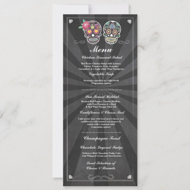 Chalkboard Wedding Party Menu für Sugar Skulls Einladung (Vorderseite)