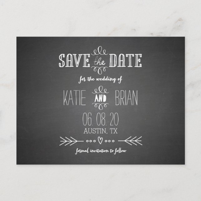 Chalkboard Wedding Save the Date Postcard Ankündigungspostkarte (Vorderseite)