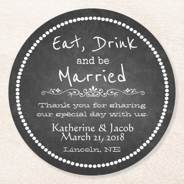 Chalkboard Wedding Vielen Dank für Ihr Interesse P Runder Pappuntersetzer (Vorderseite)