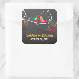 Chalkboard Whimsical Kissing Summer Birds Wedding Quadratischer Aufkleber
