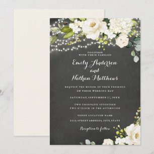 Chalkboard White Champagne Floral Lights Wedding Einladung