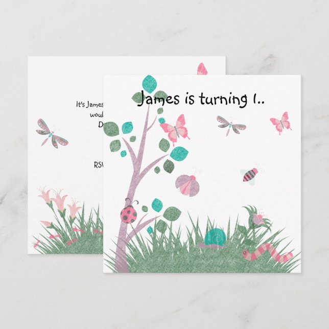 CHALKBOARD WHITE WOODLAND BUG BUTTERFLIES GEBURTST EINLADUNG (Vorne/Hinten)