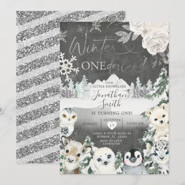 Chalkboard Winter Animal Onederland Birthday Einladung (Vorne/Hinten)