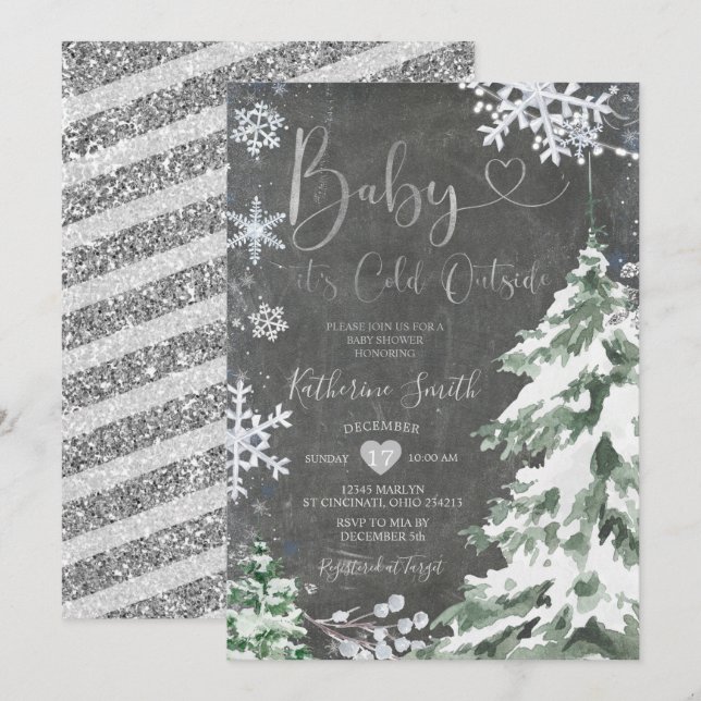 Chalkboard Winter Cold Baby Duschwald Silver Einladung (Vorne/Hinten)