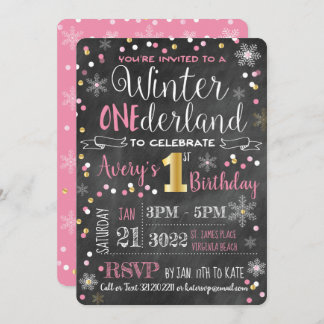 Chalkboard Winter ONE-derland Erster Geburtstag Einladung