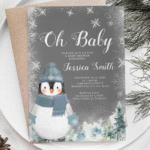 Chalkboard Winter Penguin Oh Baby Duschwald Einladung
