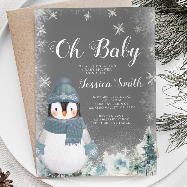 Chalkboard Winter Penguin Oh Baby Duschwald Einladung (Von Creator hochgeladen)