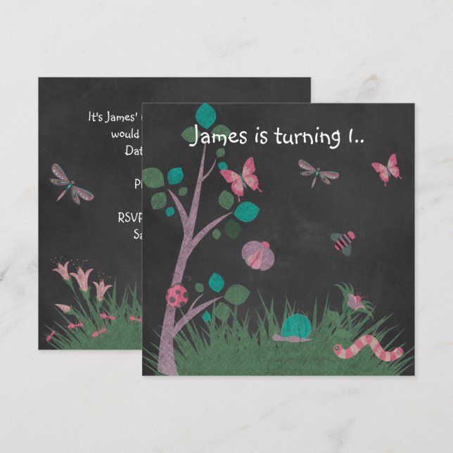 CHALKBOARD WOODLAND BUG BUTTERFLIES GEBURTSTAG EINLADUNG (Vorne/Hinten)