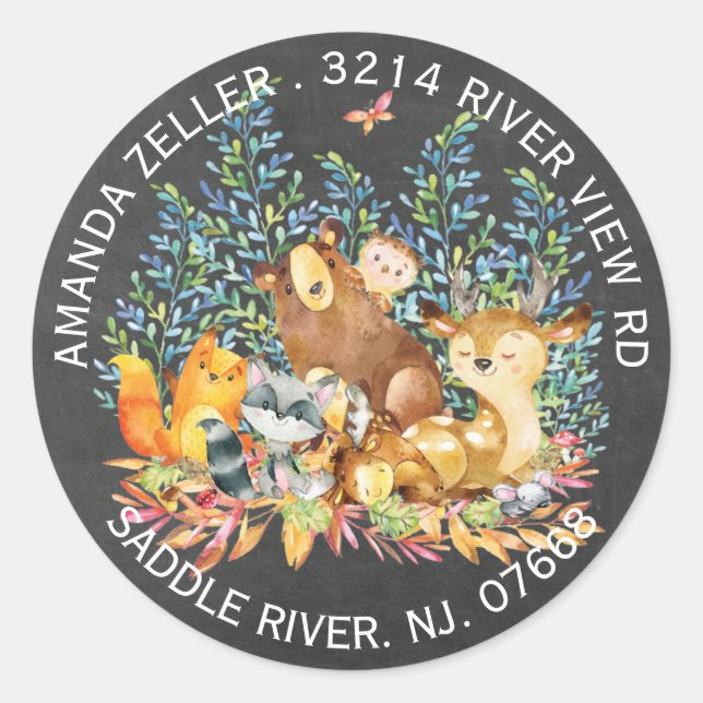 Chalkboard Woodlandl Baby Showmarke Runder Aufkleber (Vorderseite)