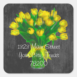 Chalkboard Yellow Tulips Adressenaufschrift Quadratischer Aufkleber