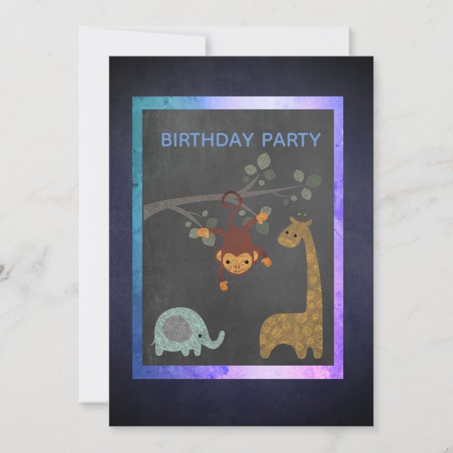 Chalkboard Zootiere Blauer Geburtstagsparty Einladung (Vorderseite)