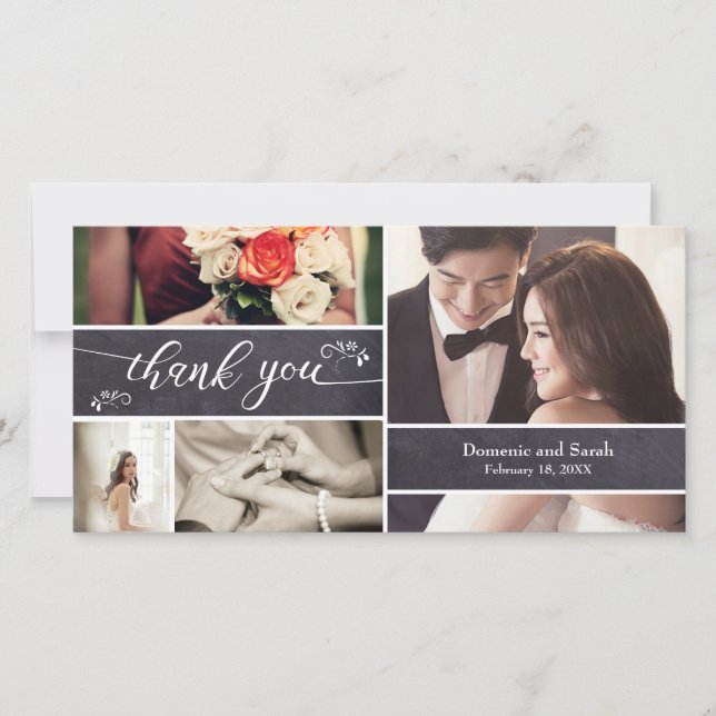 Chalked, Foto Collage Rustic Wedding Vielen Dank Dankeskarte (Vorderseite)