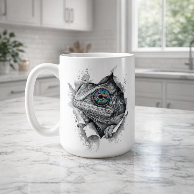 Chamäleon-Tinte-Porträt mit Regenbogen-Auge Kaffeetasse (Chameleon Ink Portrait with Rainbow Eye Coffee Mug)
