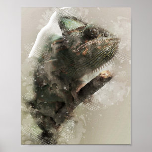 Chamäleonkopf nah Wasserfarbenöllackierung Poster