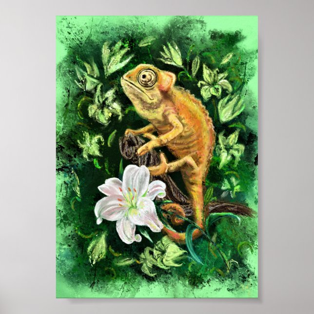 Chameleon in Blätter Grünes Poster - Malerei (Vorne)