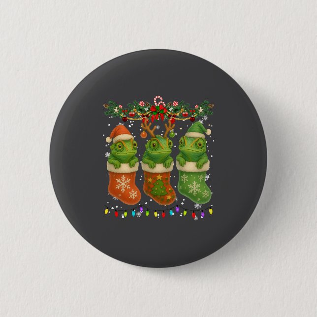 Chameleon In Christmas Socks Lights Chameleon Xmas Button (Vorderseite)