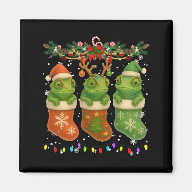 Chameleon In Christmas Socks Lights Chameleon Xmas Magnet (Vorne)