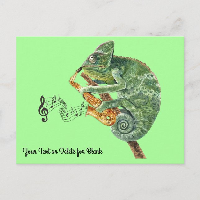 Chameleon Jazz Saxophone Custom Text Postkarte (Vorderseite)