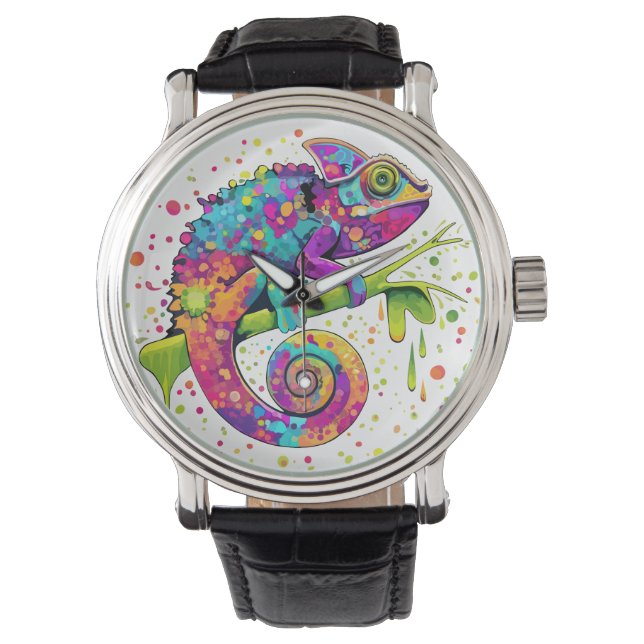 Chameleon Paint Stains Wasserfarbe Stil Armbanduhr (Vorderseite)