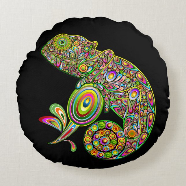 Chameleon Psychedelic Fantasy Rundes Kissen (Vorderseite)