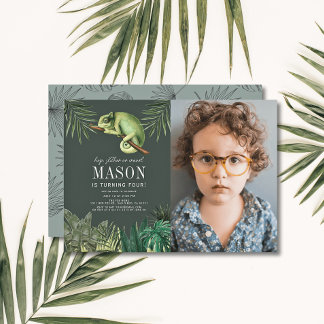 Chameleon Reptile Green Boy Birthday Foto Einladung