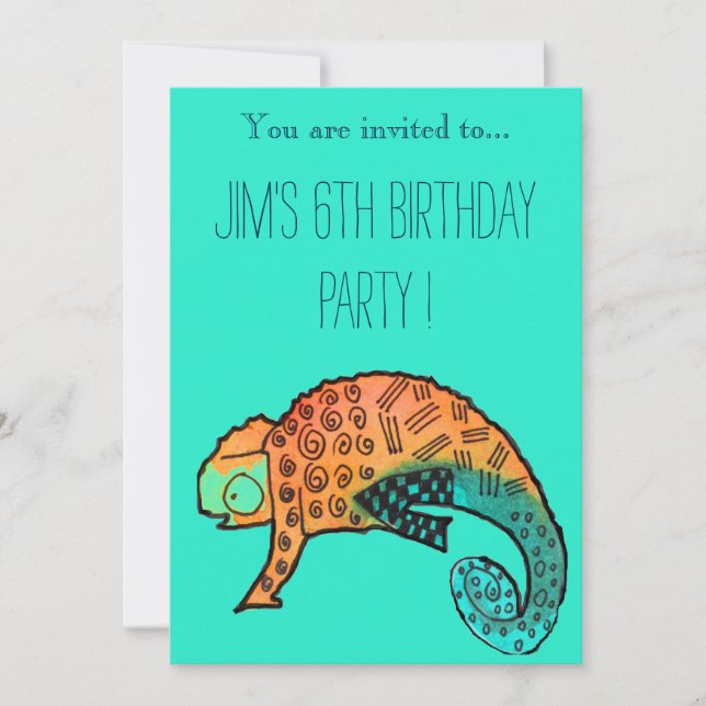 Chameleon reptile illustration boy birthday party einladung (Vorderseite)