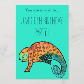 Chameleon reptile illustration boy birthday party einladung