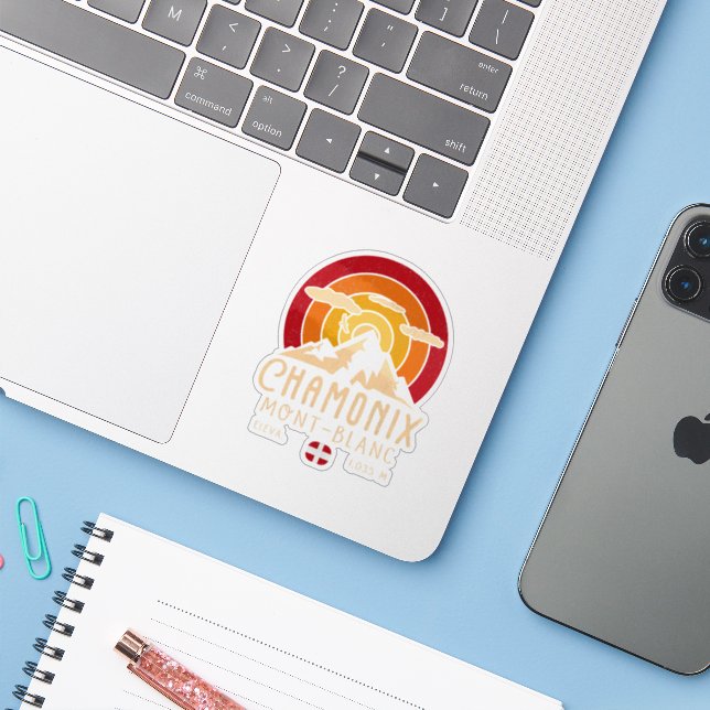 Chamonix France Retro Sunset Skiing Souvenirs 80er Aufkleber (Laptop mit iPhone)