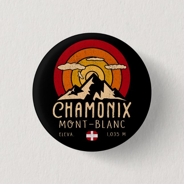 Chamonix France Retro Sunset Skiing Souvenirs 80er Button (Vorderseite)