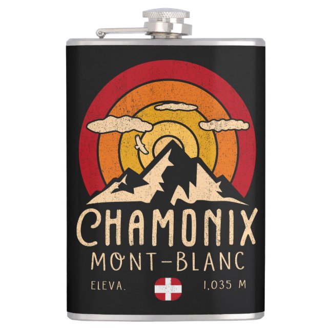 Chamonix France Retro Sunset Skiing Souvenirs 80er Flachmann (Vorderseite)