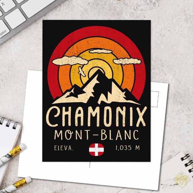 Chamonix France Retro Sunset Skiing Souvenirs 80er Postkarte (Von Creator hochgeladen)