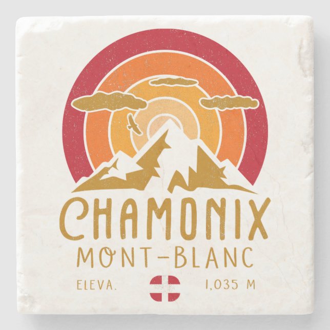 Chamonix France Retro Sunset Skiing Souvenirs 80er Steinuntersetzer (Vorderseite)