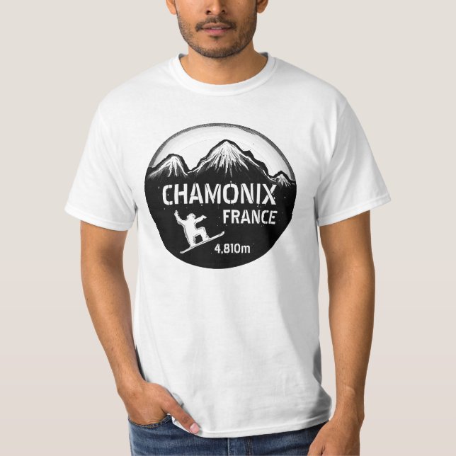Chamonix France Schwarz-weißer Snowboardwert T-Shirt (Vorderseite)