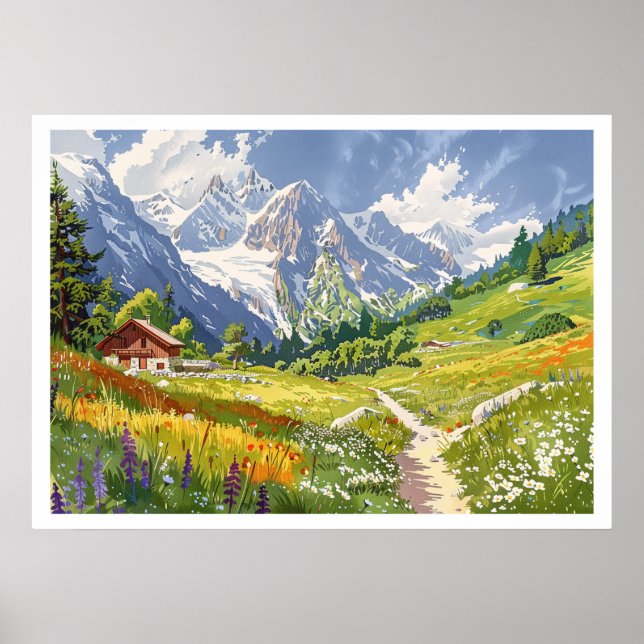 Chamonix, Frankreich Retro-Berg Poster (Vorne)