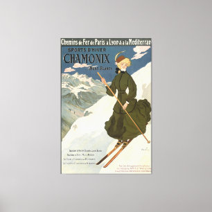 Chamonix Mont Blanc Vintage französisches Skifahre Leinwanddruck
