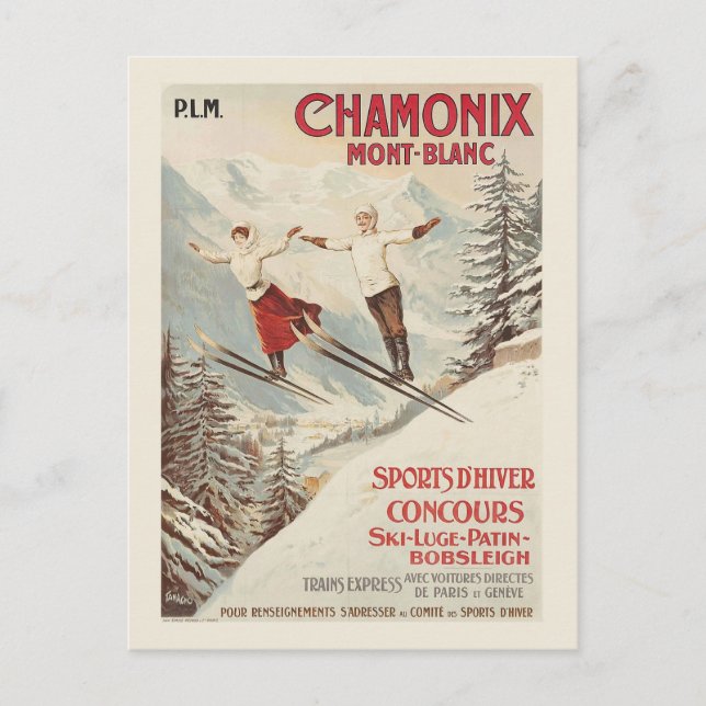 Chamonix Mont Blanc Vintages französisches Skipost Postkarte (Vorderseite)
