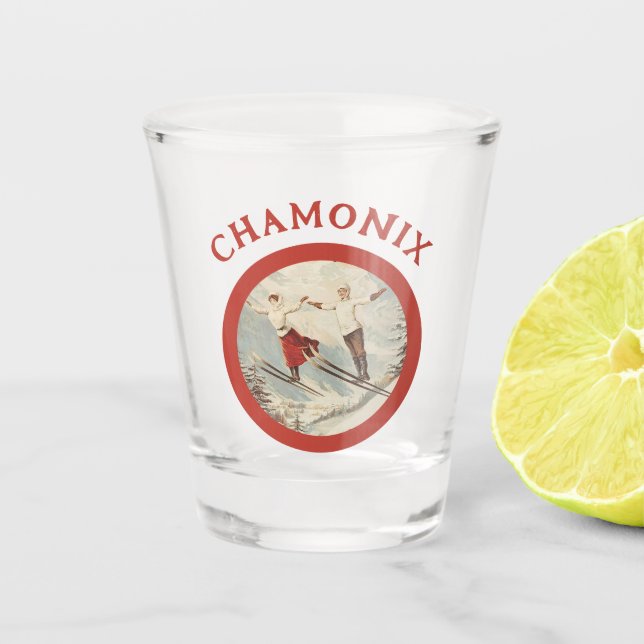 Chamonix Mont Blanc Vintages französisches Skipost Schnapsglas (Vorderseite)