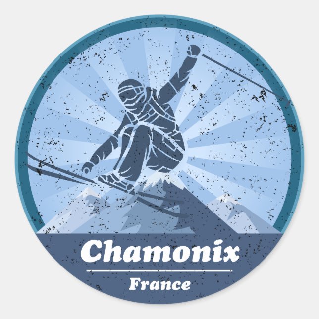 Chamonix Skistation - Skier Runder Aufkleber (Vorderseite)