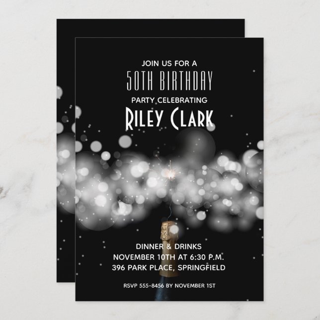 Champagne 50. Geburtstagsparty Einladungen (Vorne/Hinten)