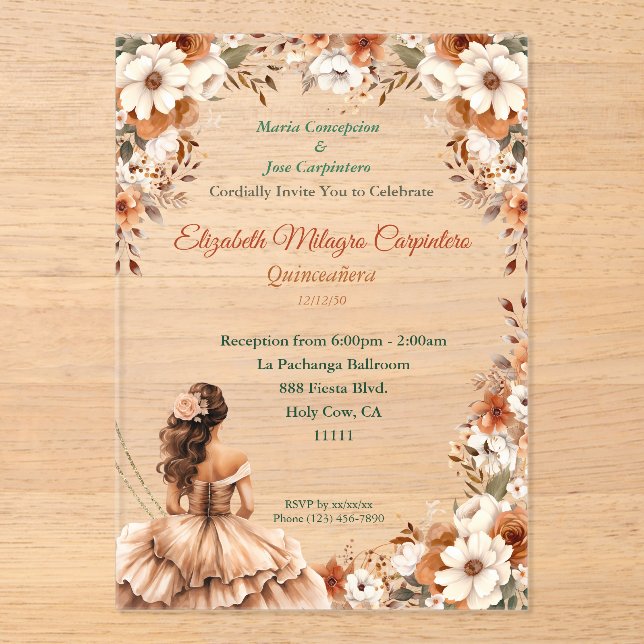 Champagne Beige Boho Quinceañera Acryleinladungen (Vorderseite)