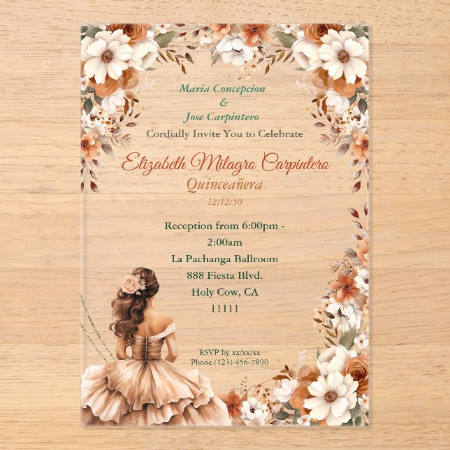 Champagne Beige Boho Quinceañera Acryleinladungen (Vorderseite)