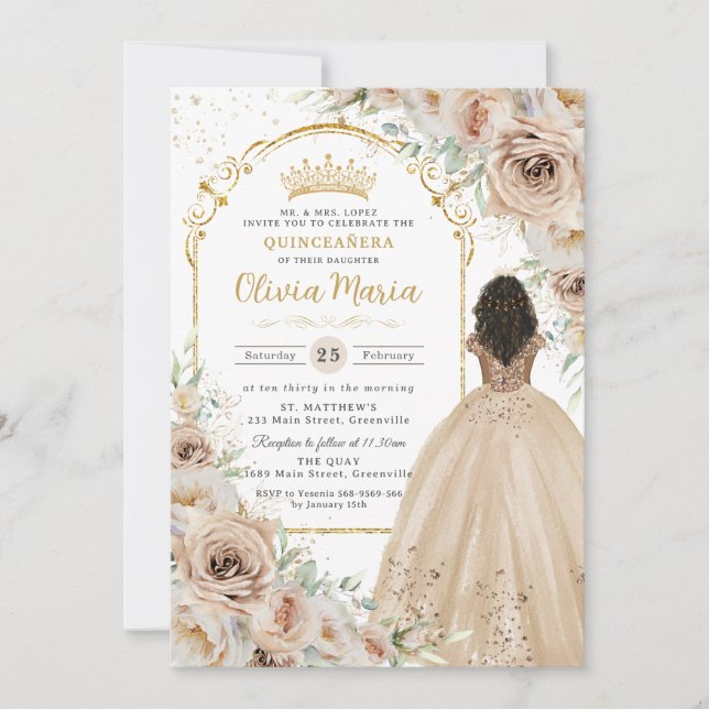Champagne Beige Cream Floral Princess Quinceañera Einladung (Vorderseite)