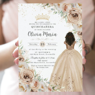 Champagne Beige Cream Floral Princess Quinceañera Einladung