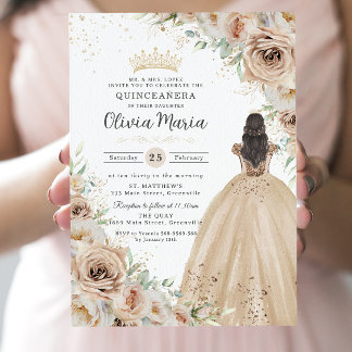 Champagne Beige Cream Floral Princess Quinceañera Einladung