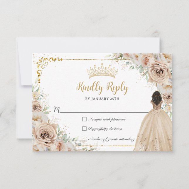 Champagne Beige Cream Floral Princess Quinceañera RSVP Karte (Vorderseite)