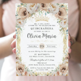 Champagne Beige Cream Floral Vintag Quinceañera Einladung
