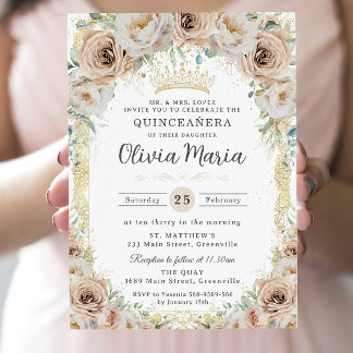 Champagne Beige Cream Floral Vintag Quinceañera Einladung