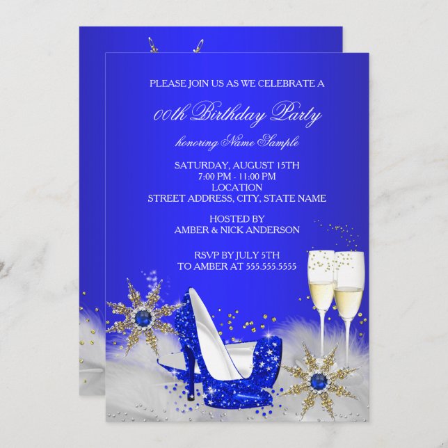 Champagne Birthday Party Royal Blue High Heels Einladung (Vorne/Hinten)